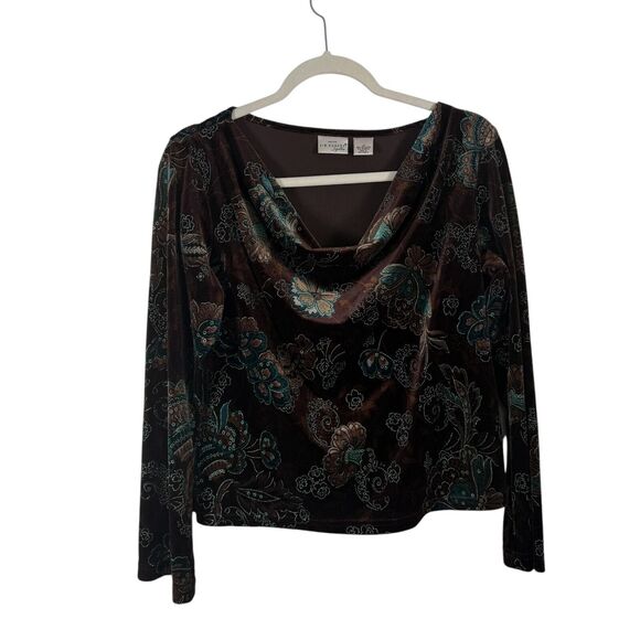 Kim Rogers Brown Floral Velvet Blouse Cowl Neck Y2K Fairy Womens Large Petite - Picture 1 of 6